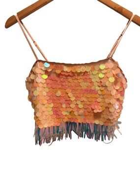 ✨ Skies Are Blue Sequin Fringe Crop Cami Top Iridescent Orange Pink Small ✨